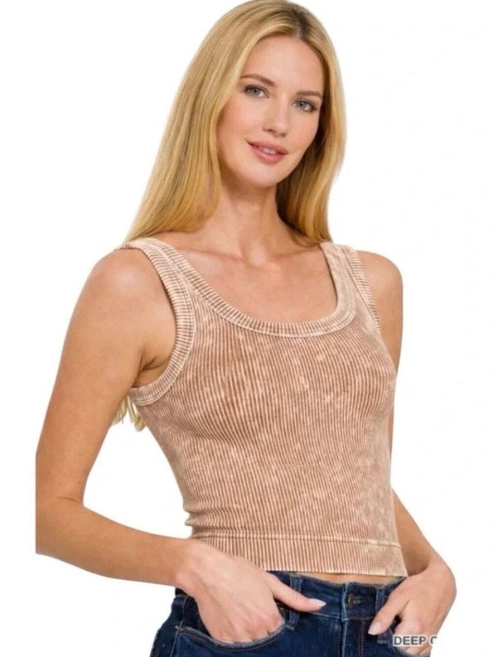 Zenana Ribbed Stone Wash Cropped Brami Tank in Camel L/XL NWT